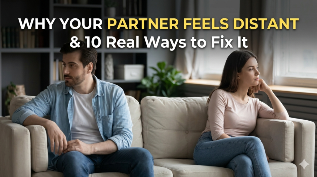 A couple sitting on opposite ends of a sofa looking away from each other, illustrating emotional distance in a relationship, with the blog title 'Why Your Partner Feels Distant & 10 Real Ways to Fix It' overlaid on top.
