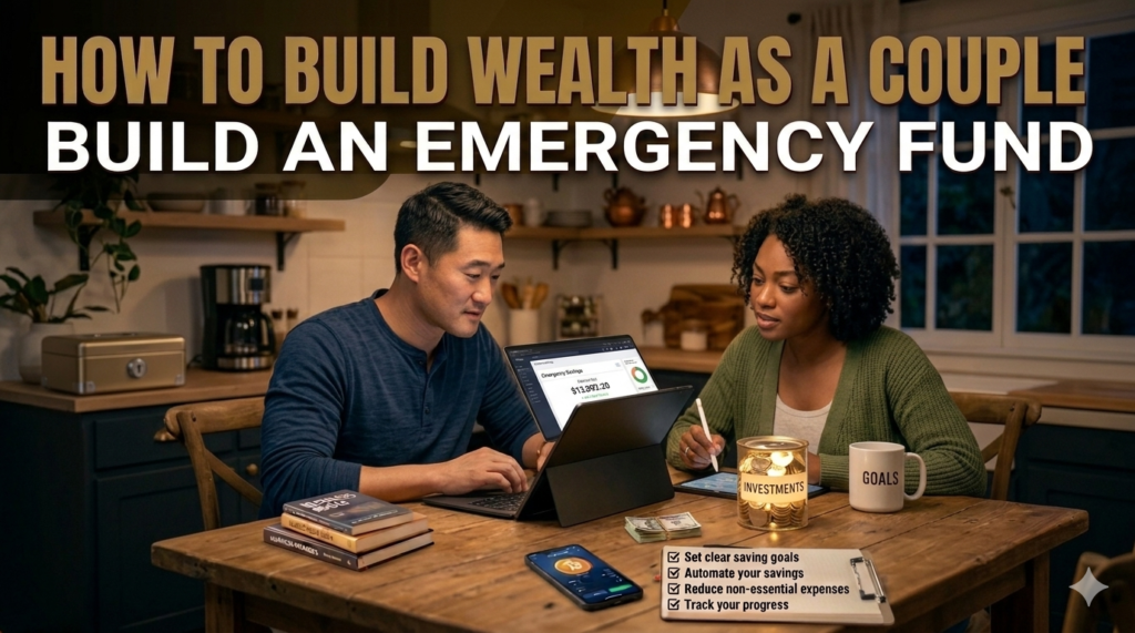A young couple sitting at a rustic wooden dining table in a cozy, dimly lit kitchen, focusing on building an emergency fund. Above them, a text overlay reads: "HOW TO BUILD WEALTH AS A COUPLE: BUILD AN EMERGENCY FUND." The man is typing on a laptop while the woman uses a digital tablet. The table is spread with financial tools, including a clear jar filled with glowing coins labeled "INVESTMENTS," a stack of books, and a checklist detailing steps like "Set clear saving goals" and "Automate your savings."