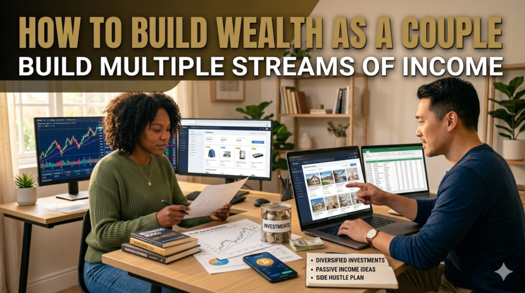 A couple, a woman and a man, sit at a large desk with multiple screens in a modern home office. At the top of the image, the text "HOW TO BUILD WEALTH AS A COUPLE BUILD MULTIPLE STREAMS OF INCOME" is displayed. On the desk, in addition to laptops and computer monitors showing stock graphs, investment and real estate platforms, there are stacks of dollar bills, a notebook with bullet points, and a jar containing money with the text "INVESTMENTS" on a paper label on the front