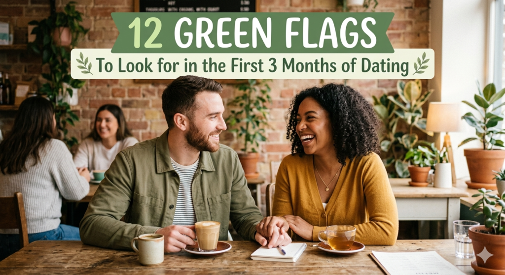A happy, diverse couple sits at a rustic wooden table in a cozy, sunlit cafe filled with green plants. They are holding hands and smiling warmly at each other over coffee and tea. A green and cream banner overlay at the top reads '12 Green Flags To Look for in the First 3 Months of Dating' with small leaf illustrations