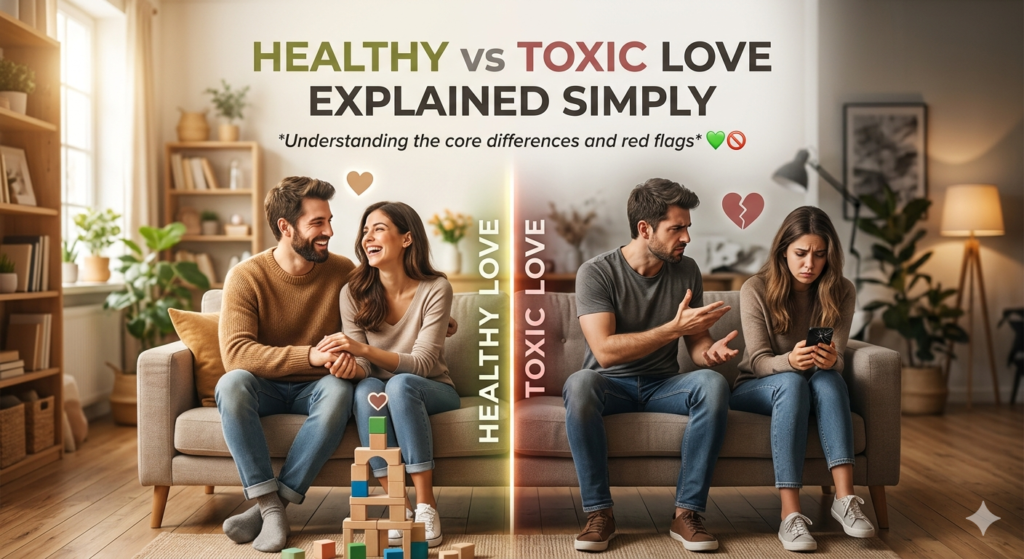 A split-screen comparison illustrating the contrast between healthy and toxic relationships. On the left, a smiling couple sits closely on a sofa in a bright, warm living room, exuding a sense of support and happiness. On the right, the same setting is dimly lit, showing a man gesturing aggressively while a woman sits turned away, looking distressed and checking her phone. The center is divided by a vertical light bar with the text "HEALTHY LOVE" and "TOXIC LOVE," while the top of the image features the title "HEALTHY vs TOXIC LOVE EXPLAINED SIMPLY