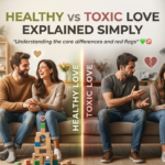 A split-screen comparison illustrating the contrast between healthy and toxic relationships. On the left, a smiling couple sits closely on a sofa in a bright, warm living room, exuding a sense of support and happiness. On the right, the same setting is dimly lit, showing a man gesturing aggressively while a woman sits turned away, looking distressed and checking her phone. The center is divided by a vertical light bar with the text "HEALTHY LOVE" and "TOXIC LOVE," while the top of the image features the title "HEALTHY vs TOXIC LOVE EXPLAINED SIMPLY
