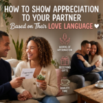 A detailed relationship guide based on the five love languages, featuring icons and copyable SEO keyword blocks. Below the main title "How to Show Appreciation to Your Partner", a list includes: Be Your Partner's Biggest Fan (Words of Affirmation), Perform Thoughtful Acts of Service, Give Intentional Gifts, Make Quality Time a Priority, and Show Physical Affection. Four carved wooden blocks display SEO keywords: "RELATIONSHIP ADVICE", "SEO APPRECIATION", "LOVE TIPS", "COUPLE CONNECTION".