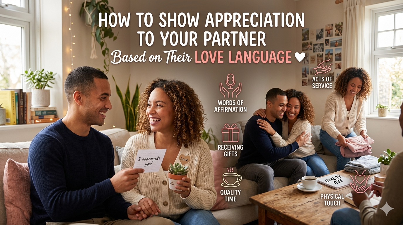 A detailed relationship guide based on the five love languages, featuring icons and copyable SEO keyword blocks. Below the main title "How to Show Appreciation to Your Partner", a list includes: Be Your Partner's Biggest Fan (Words of Affirmation), Perform Thoughtful Acts of Service, Give Intentional Gifts, Make Quality Time a Priority, and Show Physical Affection. Four carved wooden blocks display SEO keywords: "RELATIONSHIP ADVICE", "SEO APPRECIATION", "LOVE TIPS", "COUPLE CONNECTION".